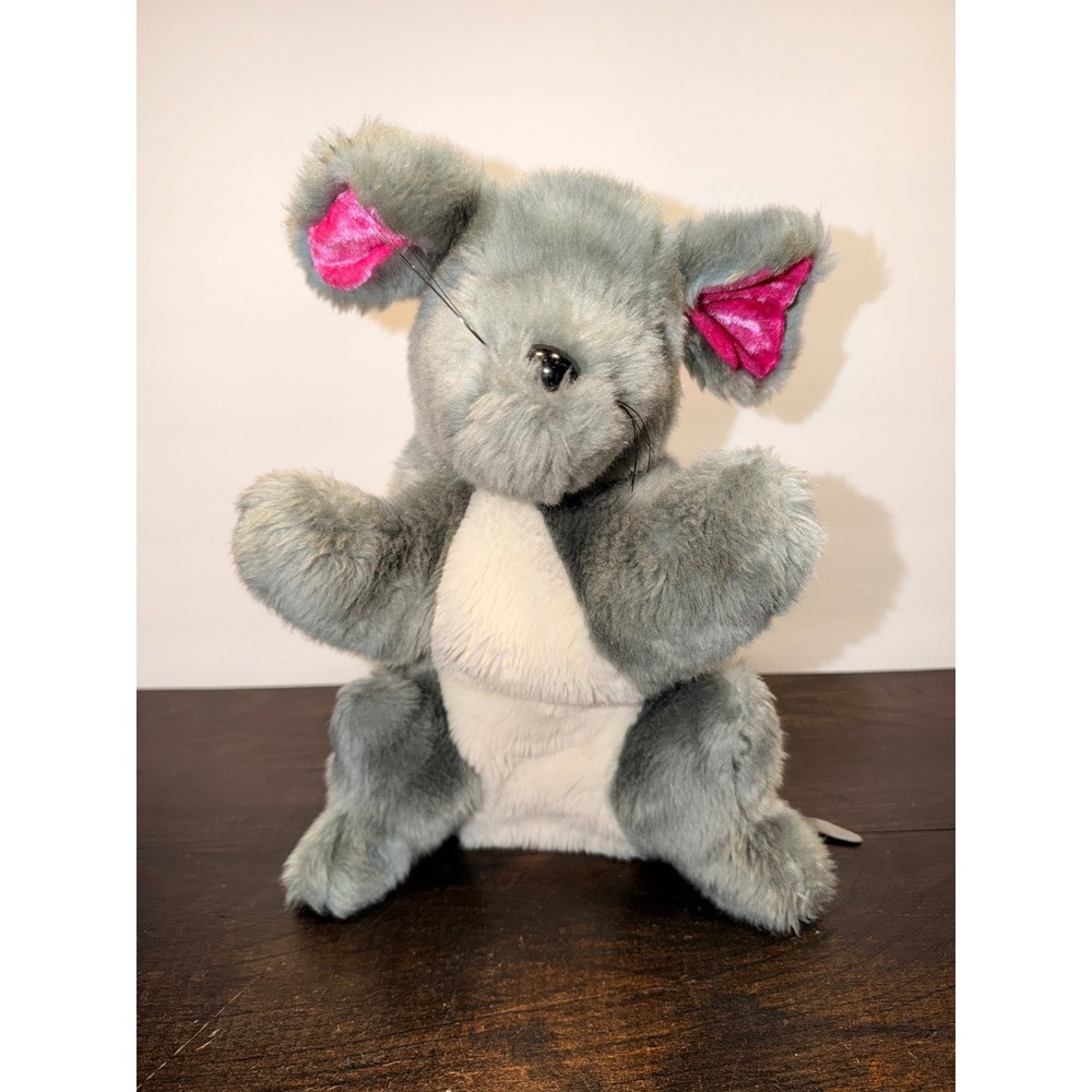 Vintage 2001 Toysmith Group Gray Mouse Hand Puppet Pink Satin Ears Plush Toy
